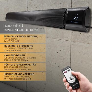 Темний радіатор Heidenfeld DH700 3-СВІТЛОВИЙ ДИСПЛЕЙ - Керування за допомогою застосунку - 3200 Вт - Інфрачервоний обігрівач - Радіаційний обігрівач - Опалення - Обігрівач для патіо - Темний радіаційний обігрівач площею до 20 м (чорний)