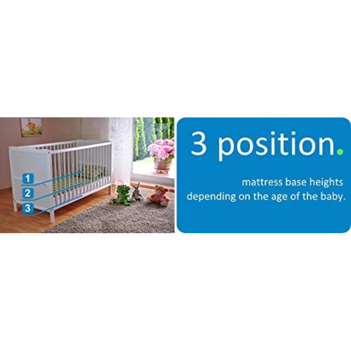 Дитяче ліжечко Marsell Дитяче ліжко та ліжечко з матрацом з піни алое вера Зубчасті рейки та регулювання по висоті Біле, трансформ