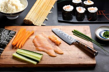 Ніж з дамаської сталі Вовча кров Сантоку L (24 см) Професійний кухарський ніж з натуральної 67-шарової дамаської сталі I Дамаський