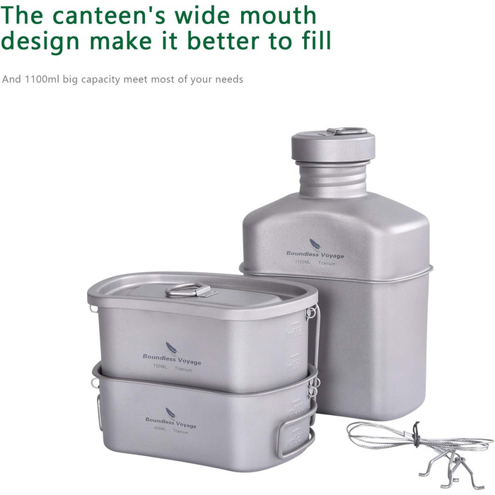 Військова фляга Boundless Voyage з титановими сумками та камуфляжними сумками, набір кемпінгових каструль у формі нирки з великою місткістю, кришкою та ланцюгом для підвішування Ti15158Br