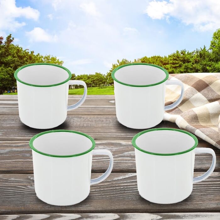 Набір емальованих чашок об&39ємом 350 мл для кави/чаю/гарячих/холодних напоїв, ретро/вінтажний дизайн, ідеально підходять для кемпінгу, пікніків або подорожей. Легкі, портативні та багаторазові (білий із зеленим, набір з 4 шт. ). Білий із зеленим, набір з