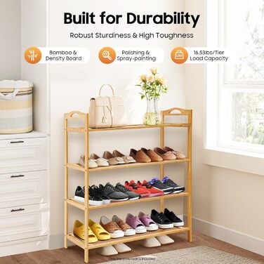 Бамбукова полиця для взуття, 4 яруси, місце для зберігання взуття, взуттєва шафа, окремостояча полиця, полиця для ванної кімнати, кухонна полиця, дерев&39яна полиця з ручкою для кухні, балкону, коридору та офісу, 60x25x67 см