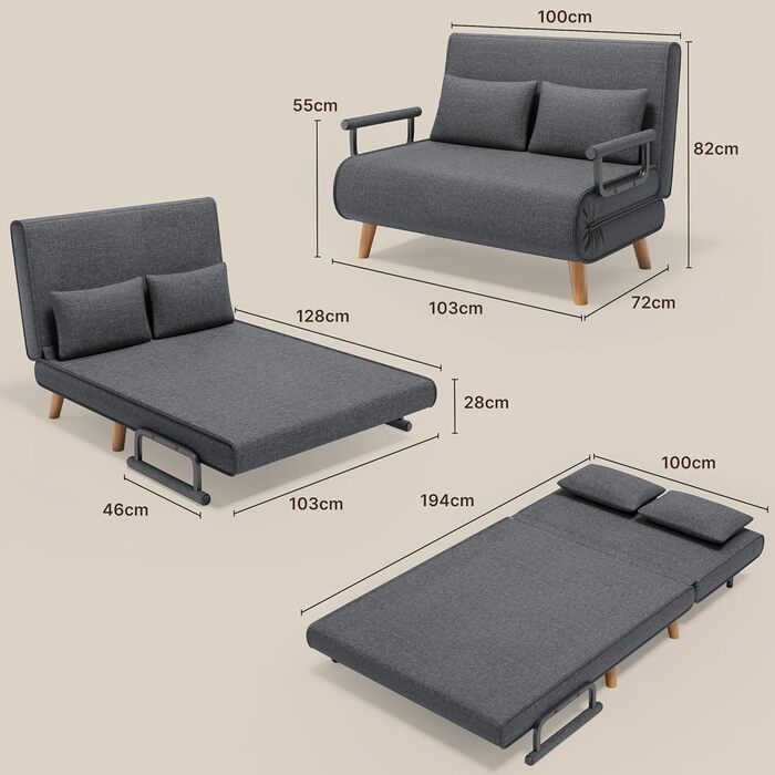 Місний диван-ліжко Xbro, крісло-ложок з регульованою спинкою та 2 подушками, крісло з функцією сну для невеликих квартир (темно-сірий), 2-