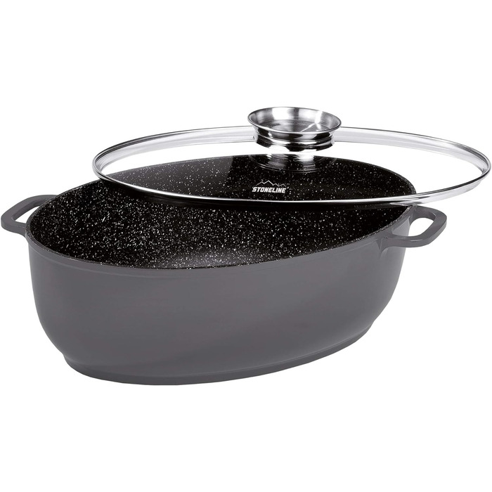 Жаровня Stoneline Gourmet, овальна, 38,8 x 26,3 см, 8 л, з кришкою з ароматизованого скла для дозованого додавання рідини, з литог