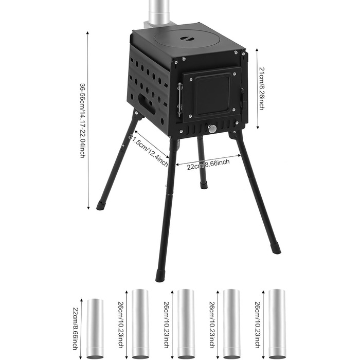 Складана кемпінгова дров&39яна піч, наметова піч, портативна наметова плита, кемпінгова піч з димоходом, садова піч, вулична піч, кемпінгова піч, міні-дров&39яна піч з регульованою висотою 36-56 см, для активного відпочинку на свіжому повітрі