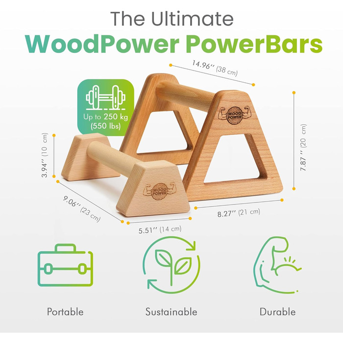 Дерев&39яні паралелети WOODPOWER PowerBars для віджимань, дерев&39яні ручки для віджимань, стійка на руках, йога та калістеніка, нековзні, для використання в приміщенні та на вулиці, безпечні для суглобів, НАБІР (XS XL) чорного кольору
