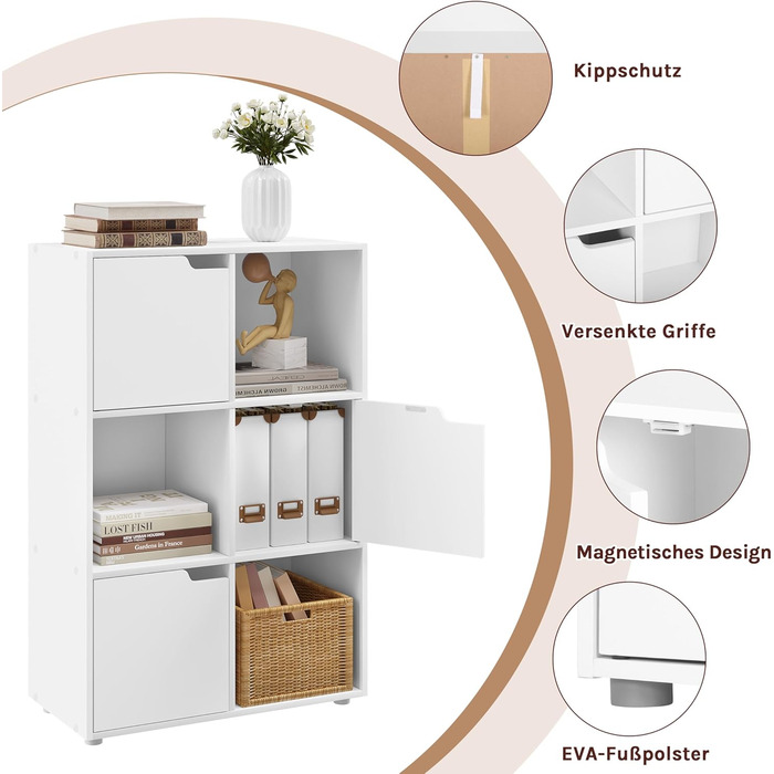 Книжкова полиця WOLTU, для кабінету, спальні та вітальні, книжкова шафа з 3 дверцятами та 6 відділеннями, полиця для зберігання, 59,6 x 91 x 29 см (Ш x В x Г) 6 кубічних дюймов (29Ш x 59,6Д x 91В см) Біла