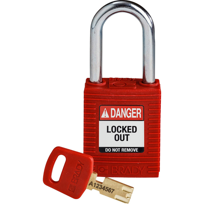 Замок блокувальний Brady SafeKey (NYL-RED-38ST-KD) нейлоновий з сталевою дужкою 38 мм, червоний, індивідуальний ключ -