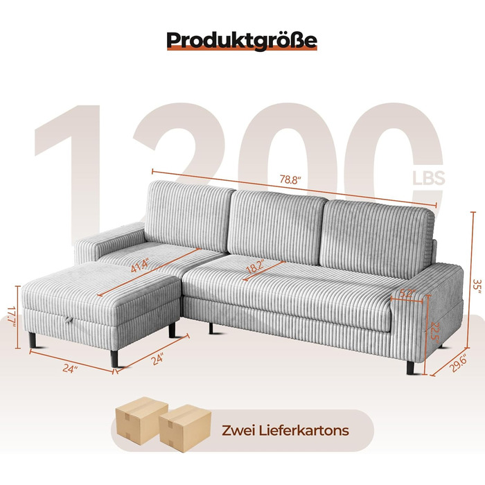 Місний L-подібний диван з регульованою оттоманкою для зберігання речей, кутовий диван з функцією сну, модульний диван, вельветовий диван, дерев&39яний каркас, глибоке сидіння, ідеально підходить для вітальні, сірий, 200