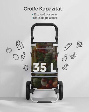 Сумка-візок SONGMICS для покупок, 35 літрів, з термо-відділенням, чорна, складана, знімний мішок KST03BK