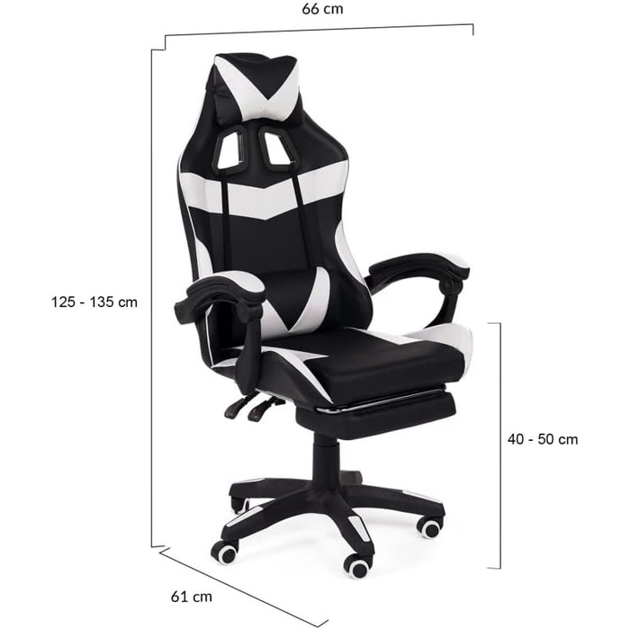 Регульоване ігрове крісло Alex з підніжкою, подушками для голови та попереку, чорно-біле