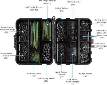 Вертлюги для риболовлі на коропа Набір застібок Матовий чорний Швидкозмінний роликовий поворотний пристрій Швидкісні ланки Захист від заплутування Втулки Гачки Стопори Намистини Гвинти Оснащення з коробкою для рибальських аксесуарів, 300 шт.