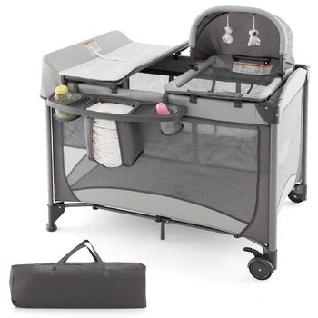 Дорожнє ліжечко 5-в-1 для немовлят з матрацом, 110 x 78 см, Ліжечко Side-by-Side з колискою та пеленальний килимок, Повний комплект дитячого ліжка для новонароджених та дітей до 36 місяців (сірий)