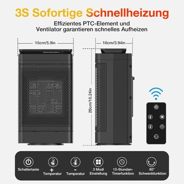 Тепловентилятор електричний з пультом дистанційного керування - електричний обігрівач потужністю 1500 Вт, 3 нагрівальних керамічни