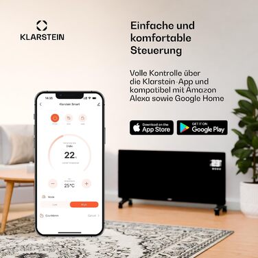 Електричний конвектор Klarstein Bornholm Smart, мобільний обігрівач з термостатом та керуванням через додаток, 2000 Вт, чорний