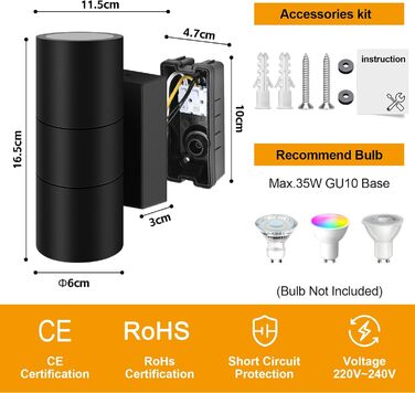 Вуличний настінний світильник Kerry, водонепроникний IP65, чорні алюмінієві настінні світильники з підйомом/опусканням, настінний світильник GU10 для саду, патіо, входу, лампочка не входить до комплекту - дві штуки, чорний