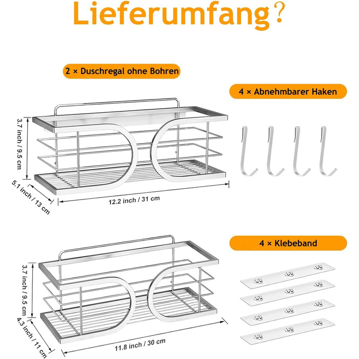 Полиця для душу без свердління, нержавіюча сталь 304, велика місткість, стійка до іржі, 2 шт. - сріблястий