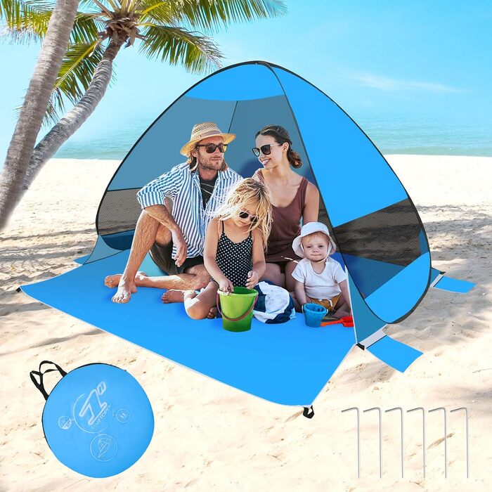 Розкладний пляжний намет на 3-4 особи, пляжний намет із захистом від ультрафіолету UPF 50, автоматичний портативний пляжний намет, вітрозахисний пляжний сімейний намет для пляжу, кемпінгу, риболовлі (синій)