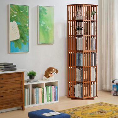 Книжкова полиця, що обертається на 360, з 5/6-ярусною бамбуковою полицею для зберігання, підлогова книжкова шафа-стійка, вітрина для дітей та дорослих, вітальня, кабінет, офіс (6 полиць)