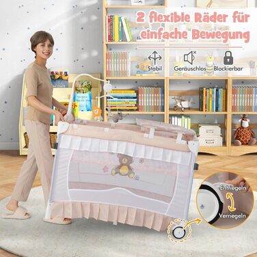 Дитяче ліжечко COSTWAY 4-в-1 зі знімним балдахіном, дорожнє ліжечко з матрацом, пеленальний килимок, ігрова арка та музична скринька, приліжкове ліжечко з колесами, складне дорожнє ліжечко для малюків 0-36 місяців (рожеве)