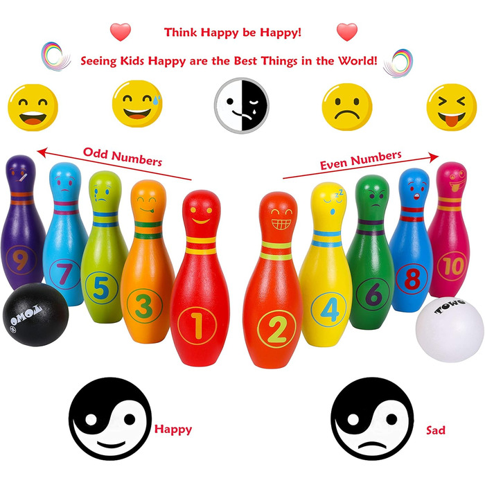 Дерев&39яна іграшка для боулінгу для дітей - Великий набір для боулінгу для дітей з обличчями та цифрами - Набір для боулінгу з 10 кеглями та 2 дерев&39яними кулями для боулінгу - Дерев&39яна іграшка для 2-річних малюків