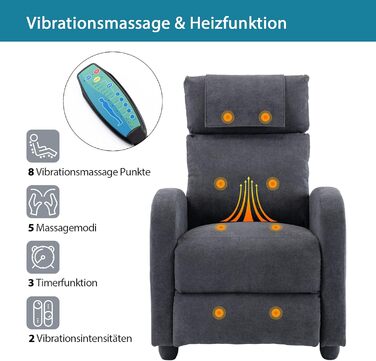 Крісло-реклайнер, крісло під телевізор з функцією відкидання, функція масажу, функція підігріву, масажне крісло з пультом дистанційного керування, тканинний шезлонг, сірий реклайнер з поліестерової суміші