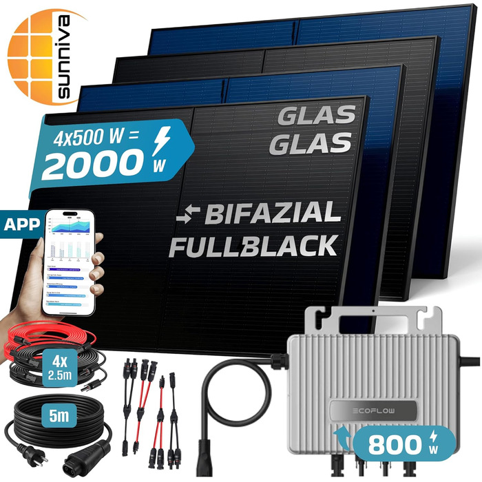Балконна електростанція SUNNIVA 2000 Вт ДВОХФАЗІАЛЬНА FULLBLACK з інвертором Ecoflow 800 Вт, фотоелектричною сонячною системою, 4 сонячними модулями зі скла по 500 Вт, включаючи кабель 5 м, Bluetooth WIFI, повний комплект