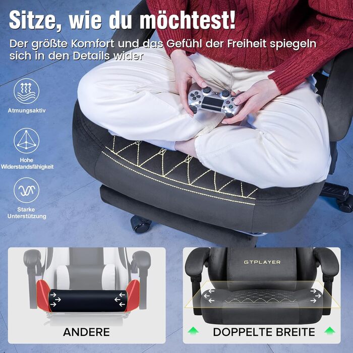 Ігрове крісло GTPLAYER, тканина, ергономічне офісне крісло, крісло для ПК, вантажопідйомність 150 кг, регульоване та поворотне робоче крісло з пружинною подушкою сидіння та підставкою для ніг, сірий
