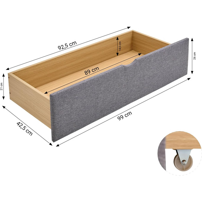 Ліжко Homestyle4u 120x200 з ящиком для зберігання, рейкова основа, м&39яке ліжко, сіра тканина, двоспальне ліжко, каркас ліжка, 2 шухляди Артикул 1979 120 x 200 см