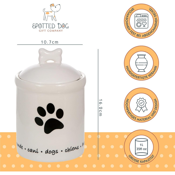 Керамічна банка для печива Spotted Dog Gift Company з герметичною кришкою - банка для ласощів для собак, універсальний контейнер для зберігання ласощів, печива, мотив відбитка лапи собаки, подарунок для власників собак, білий