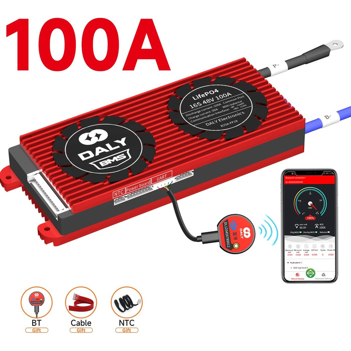 Батарея Захист Плата Система керування Батареєю з вирівнювальними кабелями та бездротовим модулем Bluetooth для літій-залізофосфатного акумулятора 100A UART BT, 4 16S 48V 100A Bluetooth Smart PCB