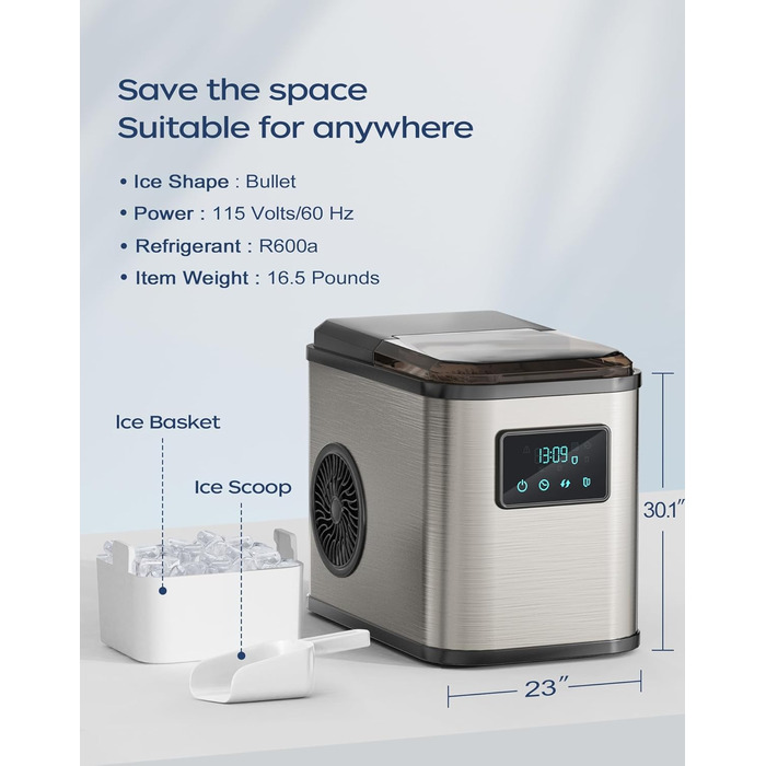 Машина для льоду з нержавіючої сталі KeeGone зі світлодіодним дисплеєм, льодогенератор Льодогенератор і функція очищення, резервуар для води на 2 л, включаючи лопату для льоду та кошик, 2 розміри кубиків льоду для кухні, офісу, бару та вечірки