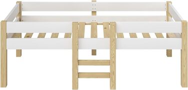 Дитяче ліжко Bellabino Aspy 90x200 см Двоярусне ліжко з матрацом, поручнями та рейковою основою Ліжко середнього класу з драбиною з масиву сосни білого/натурального кольору Дитяче ліжко для хлопчиків та дівчаток з білим матрацом Без шухляд