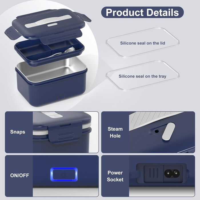 Електричний ланч-бокс потужністю 100 Вт для дорослих, термобокс 3-в-1 12/24/220 В зі столовими приборами та ізольованою сумкою для ланчу, герметичний, великий контейнер об&39ємом 1,8 л, ланч-бокс з відділеннями для автомобіля, вантажівки, офісу, темно-син