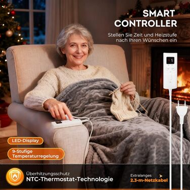 Електрична ковдра 180x130 см 9 налаштувань температури та автоматичне вимкнення із захистом від перегріву Ковдра з підігрівом, яку можна прати в пральній машині, подарунки для жінок