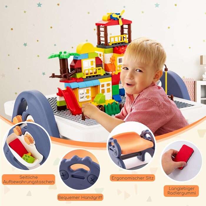 Дитячий столик GOPLUS зі стільцем, дитячий мольберт з двосторонньою стільницею та дошкою, 2 коробки для зберігання, 160 будівельних блоків, ігровий столик, робочий стіл для дітей від 3 років