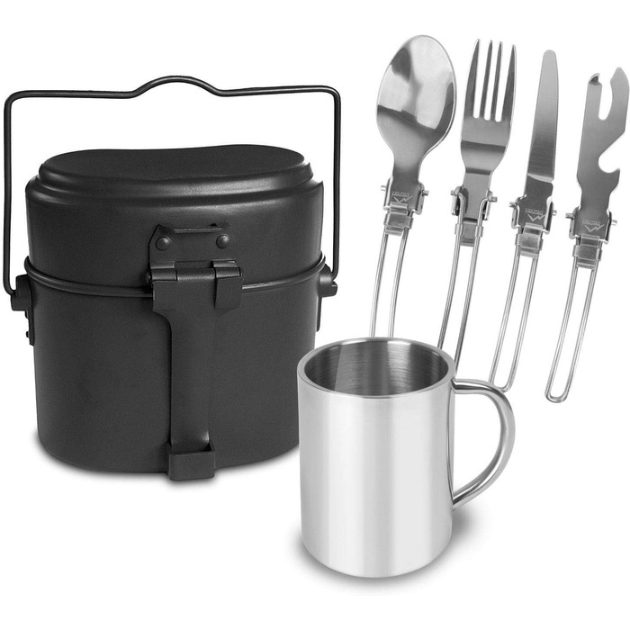 Набір посуду для кемпінгу з нержавіючої сталі столові прибори, чашка та казанок (чорний, багатокомпонентний)