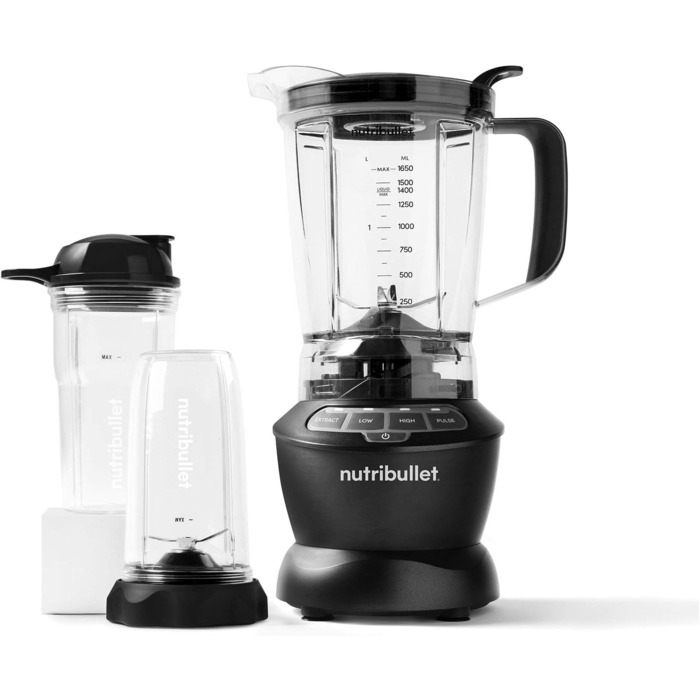 Повнорозмірний блендер nutribullet Combo, електричний блендер, багатофункціональний подрібнювач, професійний, потужність 1200 Вт, глечик 1,9 л, банки 946 мл і 710 мл, чорний, NBF500MB комбінований пакет