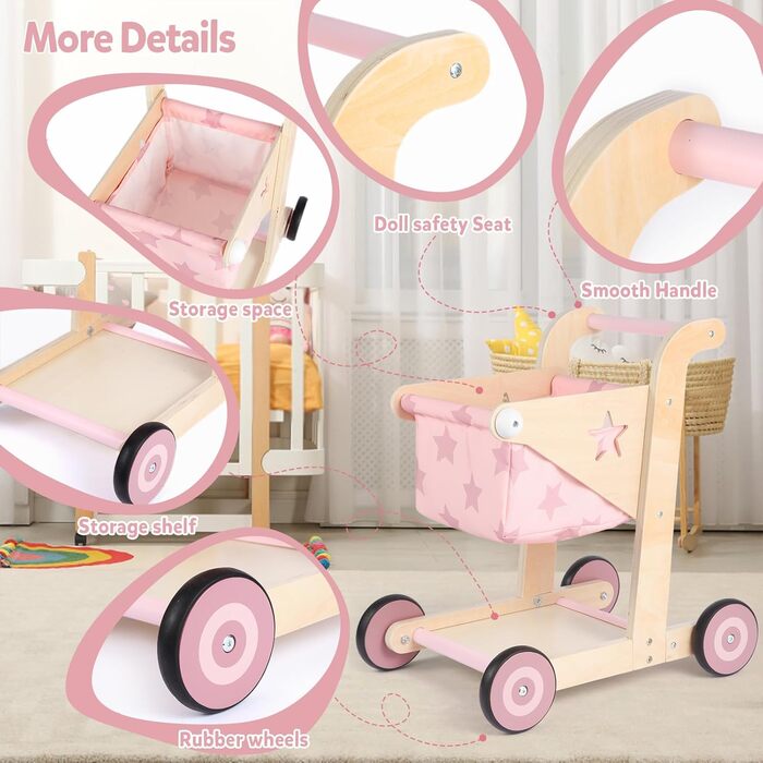 Дерев&39яні ходунки Asweets 2-в-1, коляска для ляльок, що штовхає та тягне, ходунки для малюків, іграшка для малюків від 12 місяців (рожеві)