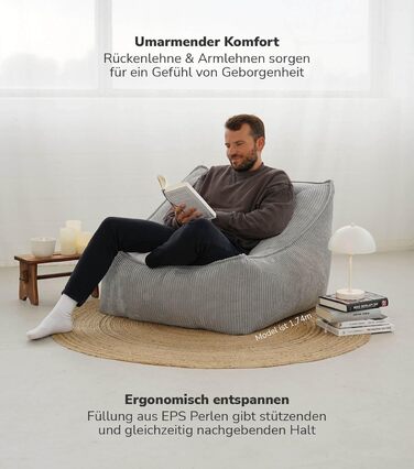 Крісло-мішок з вельвету mokebo The Loafer, XXL, крісло-мішок, вельветове крісло або крісло для відпочинку для вітальні та зимового саду, також як гігантське крісло-мішок розміром 83x73x60 (ШxВxГ у см) сірого кольору, тканина для крісла-мішка з вельвету сі