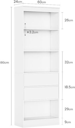 Книжкова шафа, книжкова шафа з 2 шухлядами та 4 відділеннями, шафа для вітальні з регульованими полицями, висока шафа для вітальні, спальні, кабінету, кухні, компактна, 180x60x24 см, білий