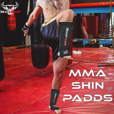 Щитки для гомілок BEAST RAGE для муай-тай, кікбоксингу, ММА, тхеквондо, боксу, бойових мистецтв, еластичні шкарпетки, м&39які захисні накладки для ніг та підйому стопи, щитки для гомілок, спорядження для розміру S, чорний/червоний