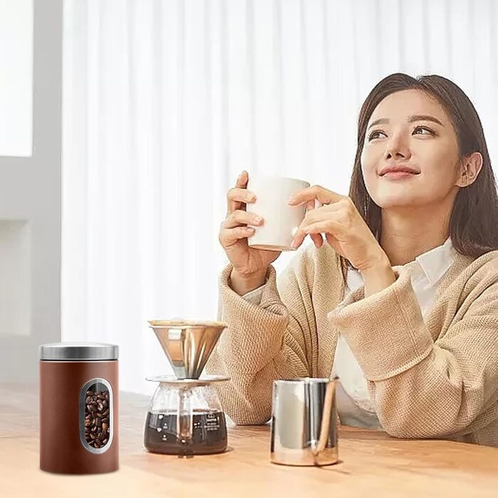 Набір кухонних банок з 3 предметів, харчові контейнери з нержавіючої сталі, органайзер з прозорим віконцем, кухонна стільниця, контейнери для зберігання кави, чаю, горіхів, борошна, цукру (коричневі)