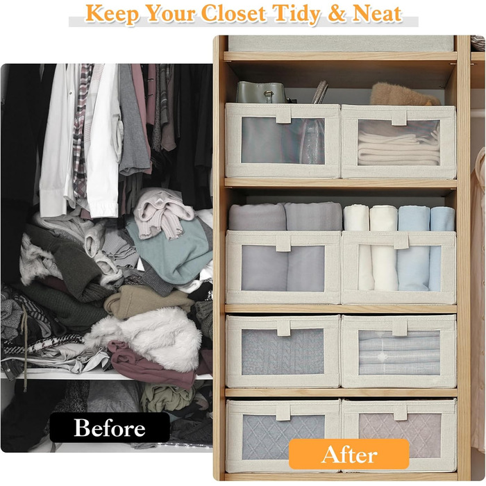 Набір із 4 органайзерів для гардеробу, коробки-органайзери для шафи з прозорими шухлядами, складні коробки для зберігання, 42 x 27,5 x 17 см, для штанів, сорочок, одягу, бежевий стиль 1 4L