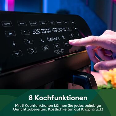 Двозонна фритюрниця CHEFREE з оглядовим вікном, подвійна фритюрниця ємністю 8 л XL, світлодіодний сенсорний екран, антипригарне покриття, 8-в-1, розумна функція та функція таймера, кошики, безпечні для посудомийної машини, чорний, AFW20