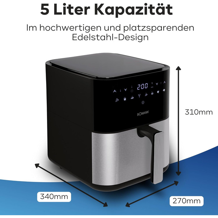 Фритюрниця Bomann XXL - фритюрниця 5 л Гаряче повітря для знежиреного смаження Мультипіч з нержавіючої сталі з цифровим сенсорним екраном Потік повітря на 360 Фритюрниця з 8 програмами FR 6069 H CB Чорний/Нержавіюча сталь *Модель 2024*