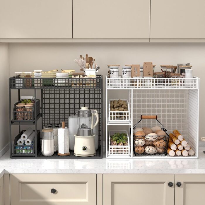 Розсувний органайзер для кошиків, мобільні полиці для зберігання, полиці для комори з поворотними на 360 градусів колесами, що блокуються, ідеально підходить для зберігання тарілок, мисок та посуду (білий)