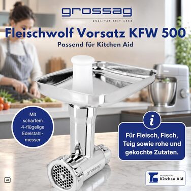 Насадка-м'ясорубка grossag для KitchenAid з нержавіючої сталі, 3 перфораційні решітки, KFW 500