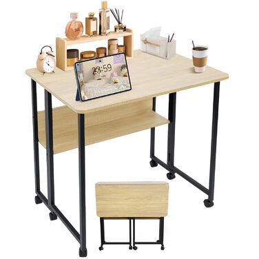 Розкладний стіл з полицею, 80x60x75 см, розкладний стіл на колесах, дерево та вуглецева сталь, компактний, багатофункціональний, для домашнього офісу, вітальні (колір дерева)