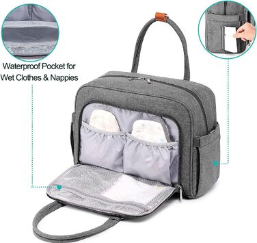 Пеленальна сумка, пеленальна сумка для мами і тата, з пеленальним килимком та ізольованими кишенями темно-сіра